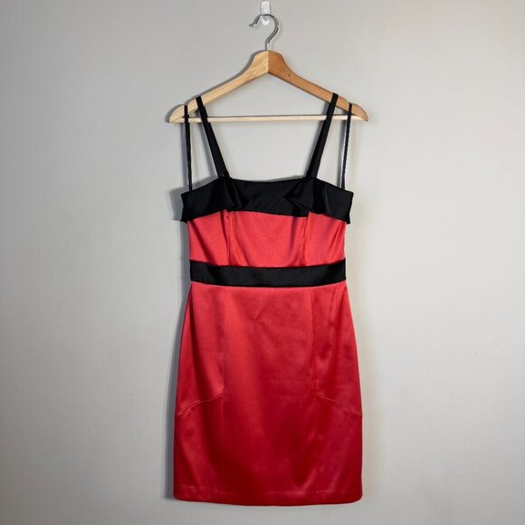 Vtg BCBG Paris Satin Ruffle Bodycon Mini Dress Women's 6 Red Black Cocktail Y2K - Picture 2 of 13